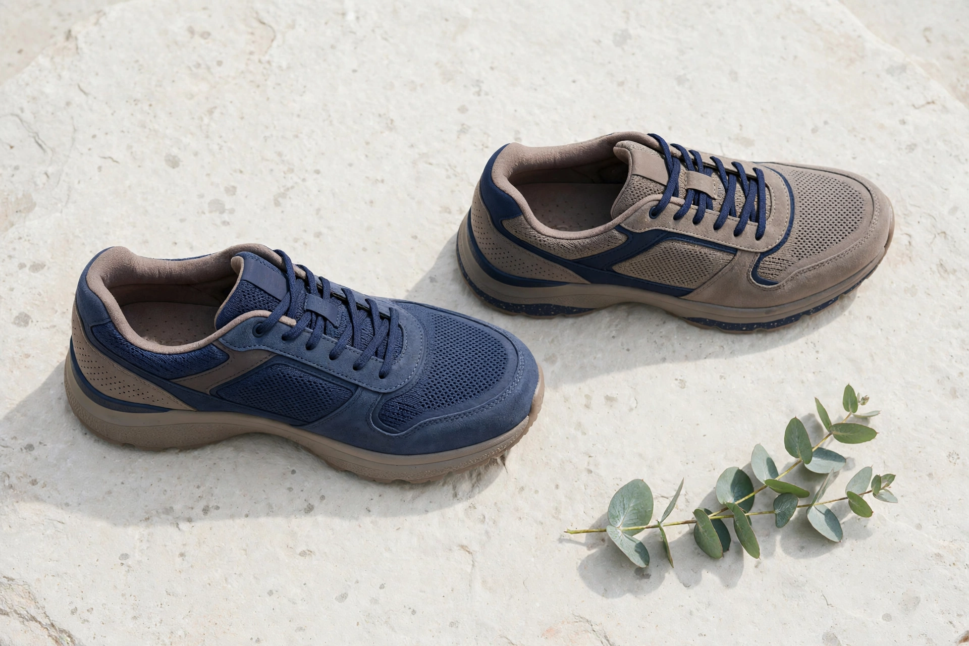 A pair of comfortable walking shoes on a light neutral background, laces loose, ready for a long day on foot